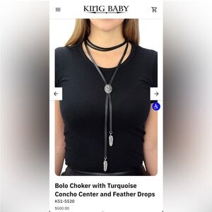 King Baby Studio Black Leather Bolo Choker with Turquoise Concho & Feather Drops